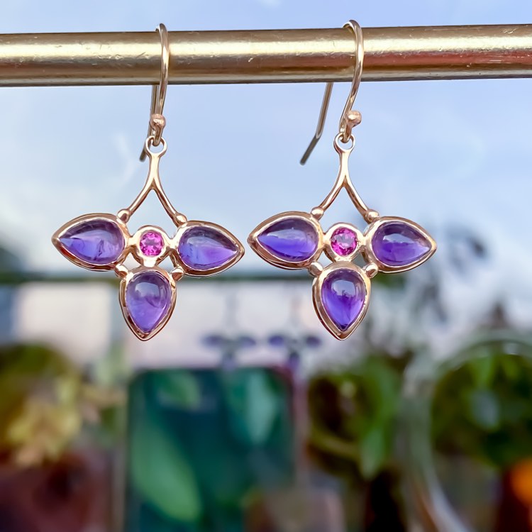 Purple Amethyst & Pink Tourmaline Dangle 14k Gold Earrings