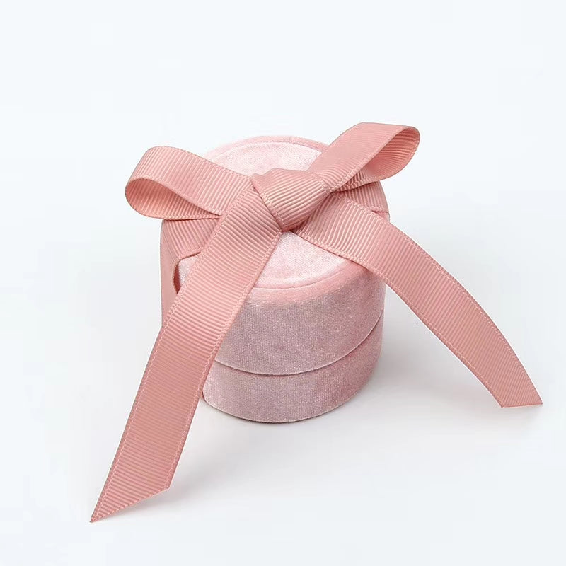 Velvet Pink Round Ring Box with Bow