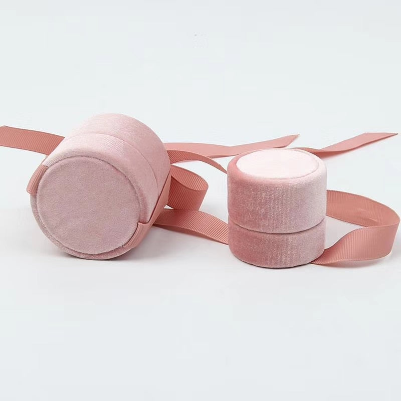 Velvet Pink Round Ring Box with Bow