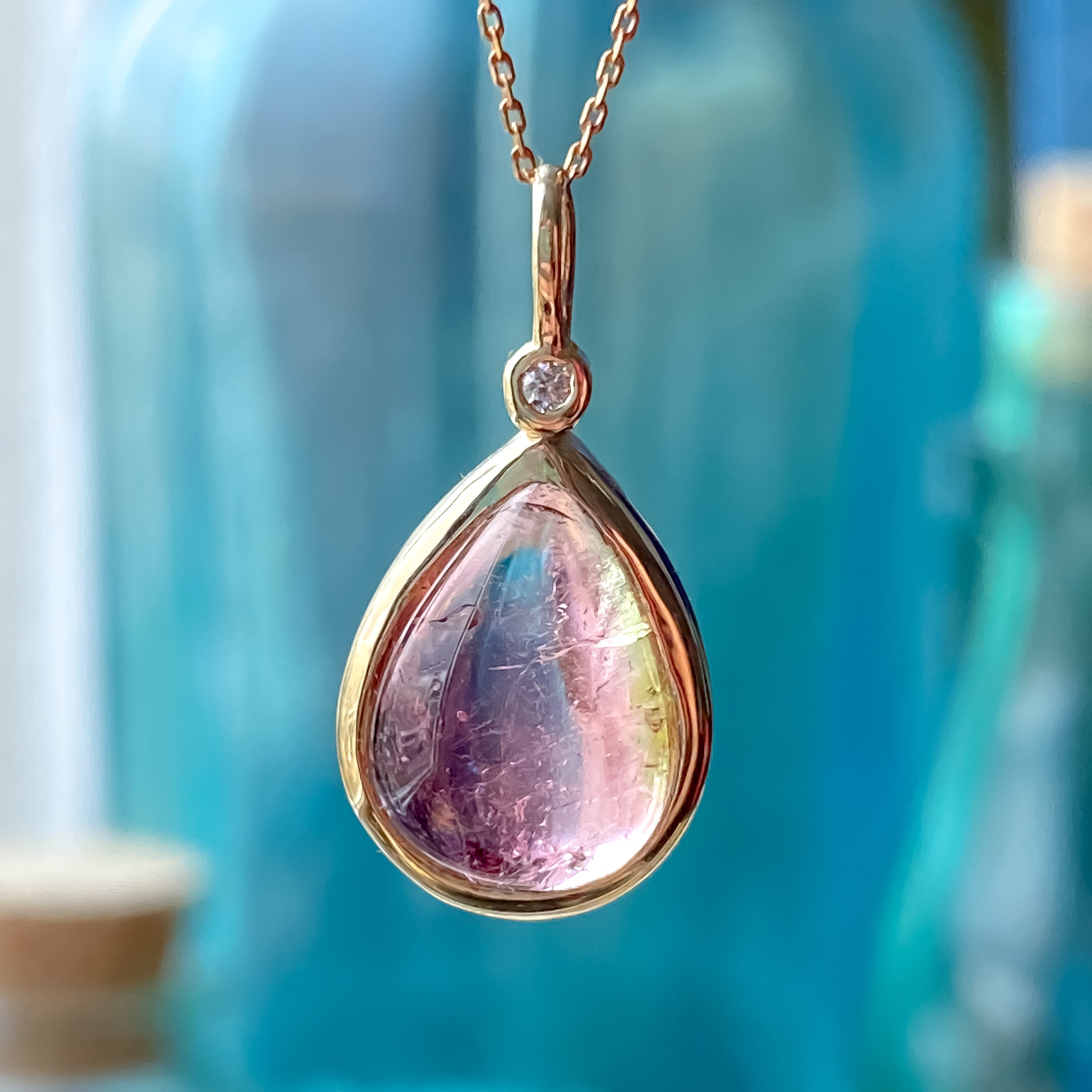 Watermelon Tourmaline & Diamond Pendant 14k Yellow Gold Pendant Only