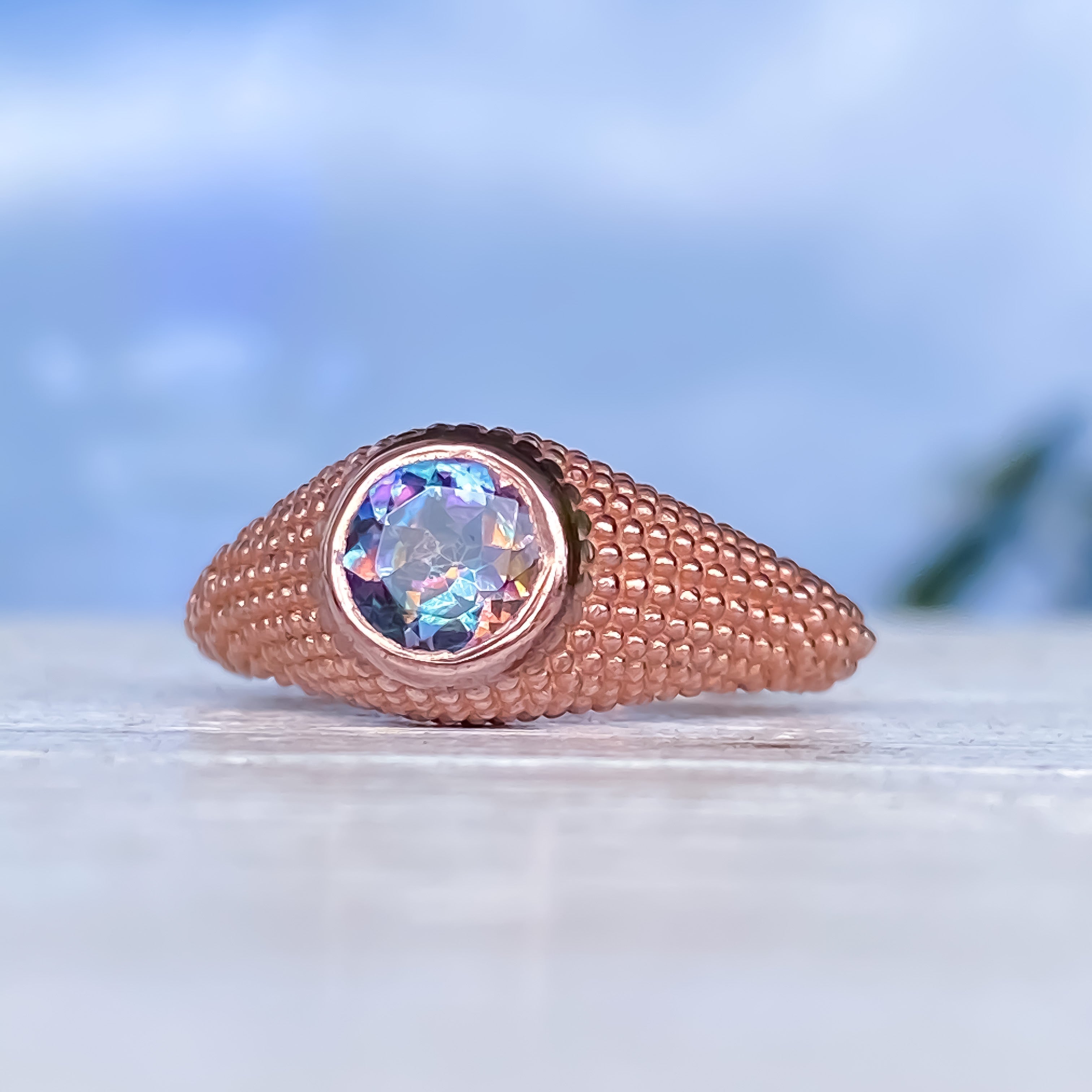 Nubia Round Garden Blue Topaz Rose Gold Ring Size 7.25US