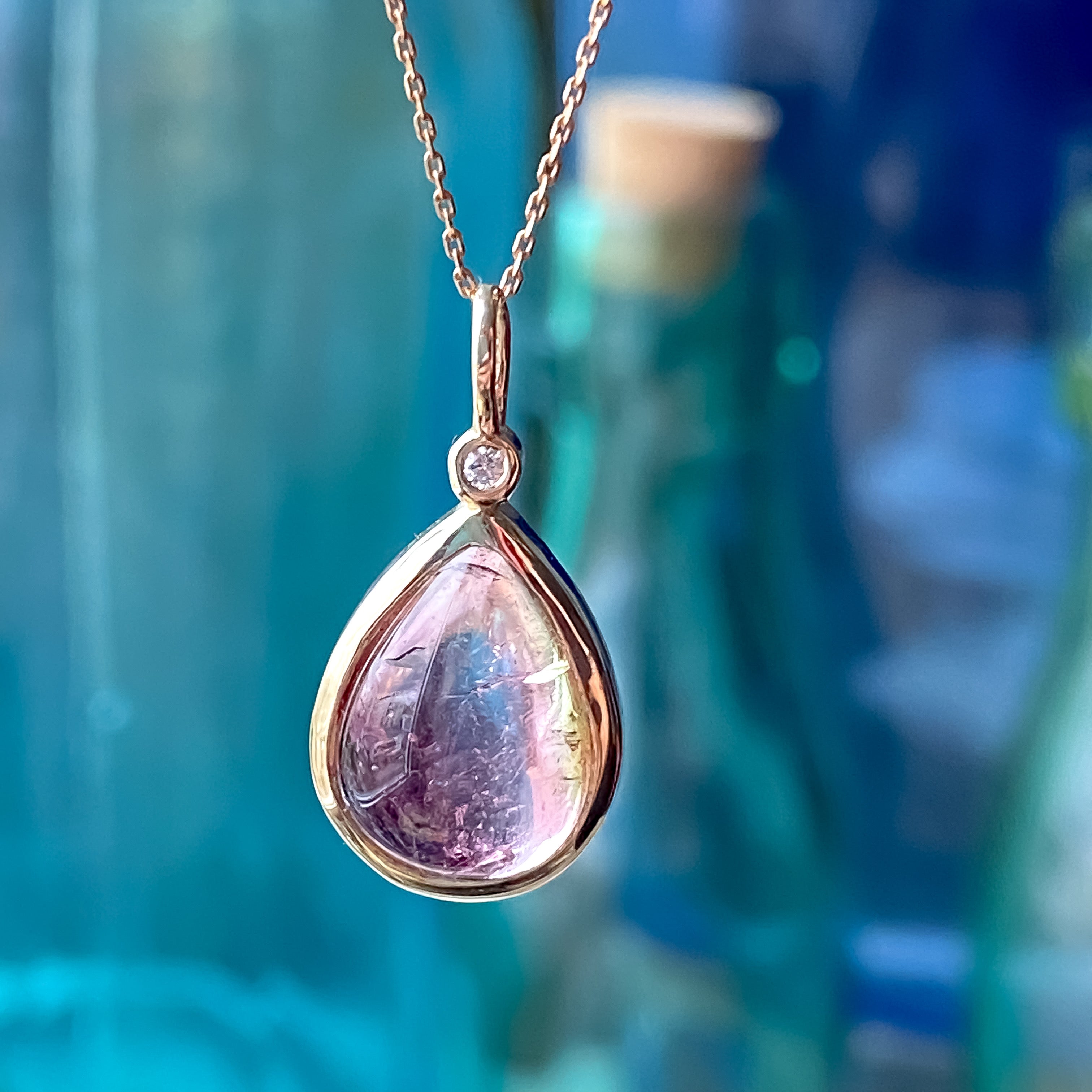 Watermelon Tourmaline & Diamond Pendant 14k Yellow Gold Pendant Only