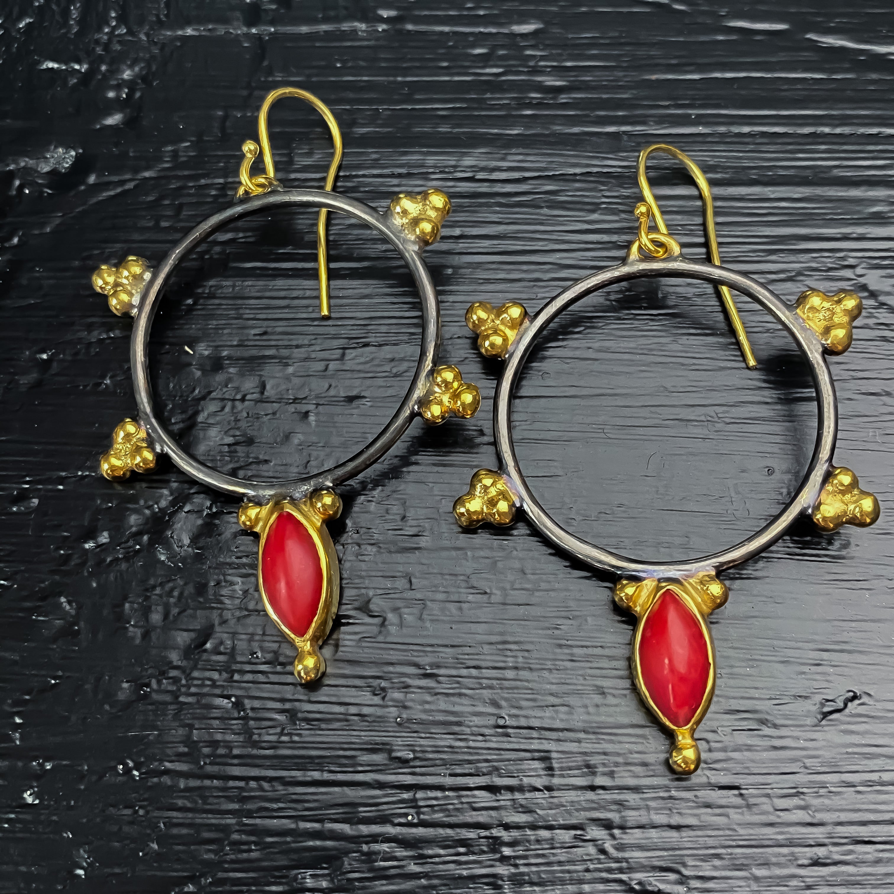 Red Coral Black & Gold Hoop Earrings Sterling Silver