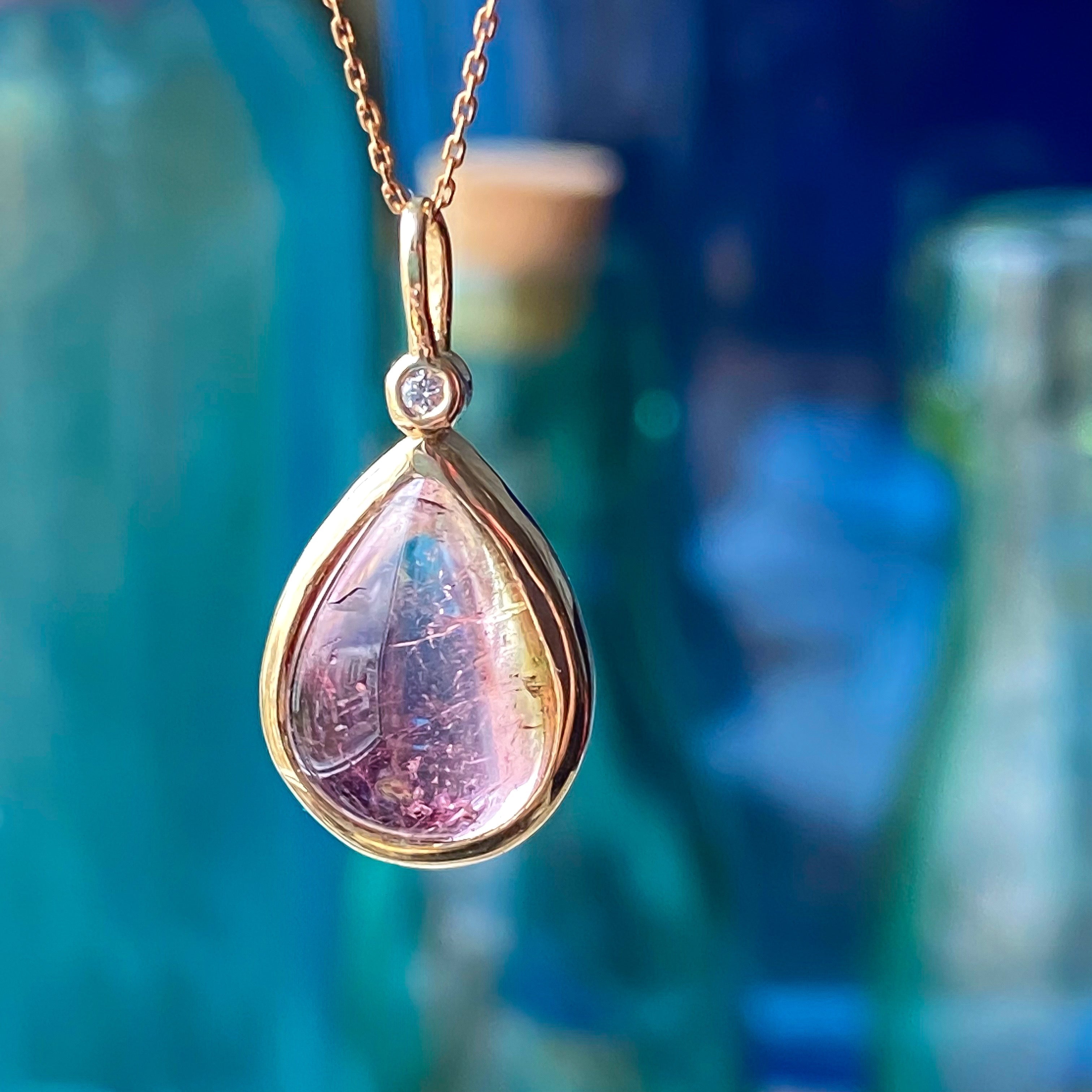 Watermelon Tourmaline & Diamond Pendant 14k Yellow Gold Pendant Only