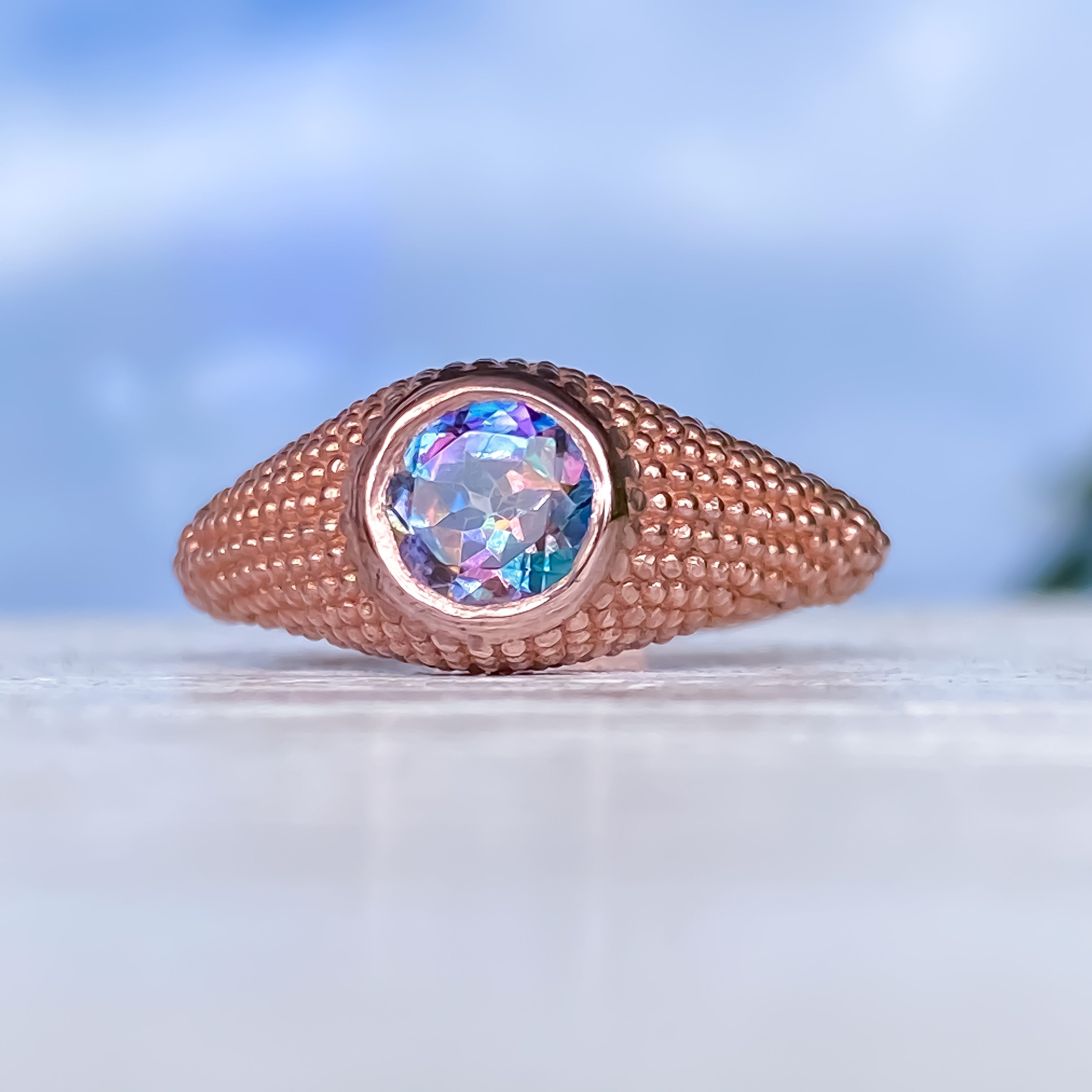 Nubia Round Garden Blue Topaz Rose Gold Ring Size 7.25US