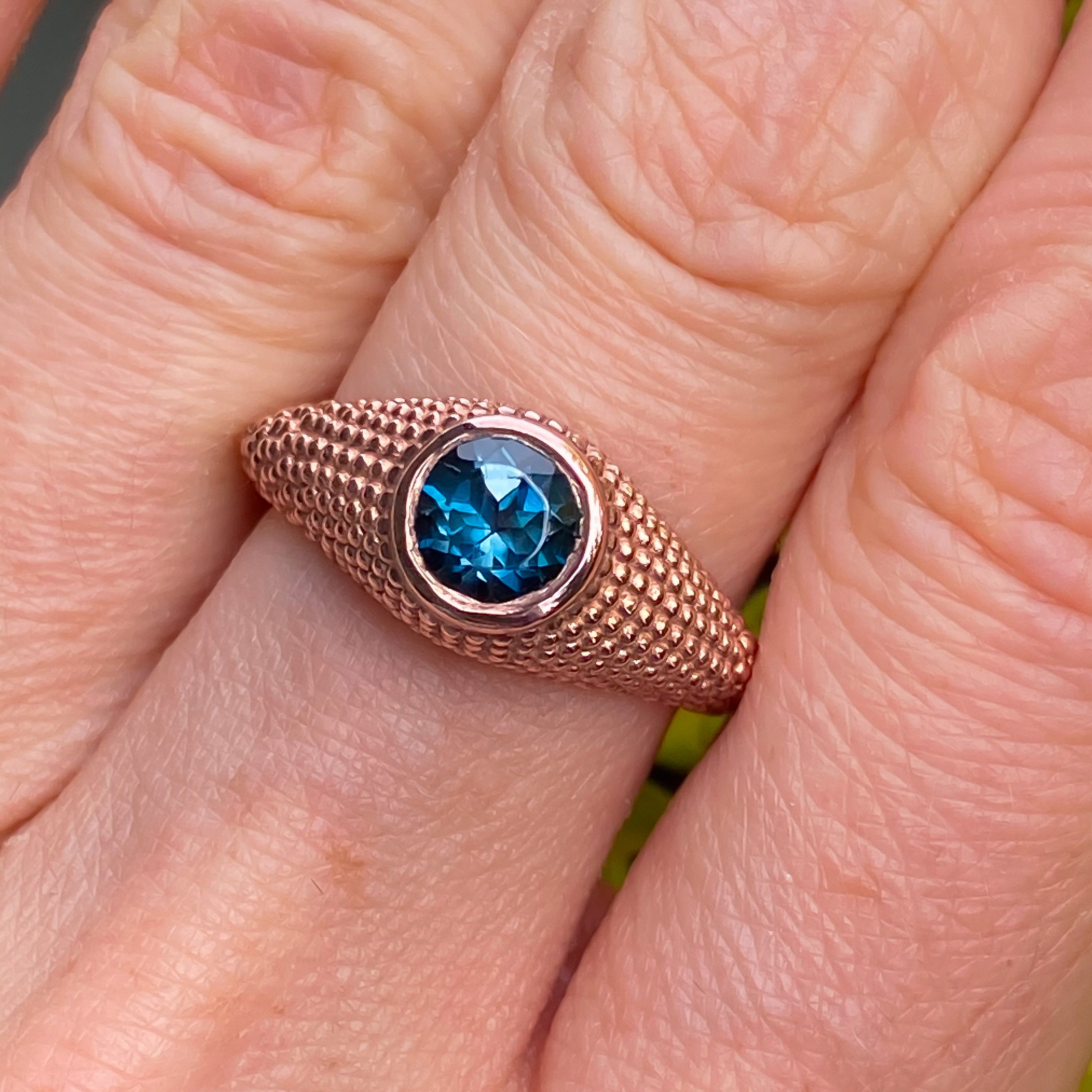 Nubia Round London Blue Topaz Rose Gold Ring Size 7US