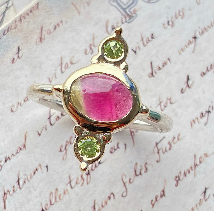 Watermelon Tourmaline & Peridot 14k Yellow Gold & Sterling Silver Ring 7US