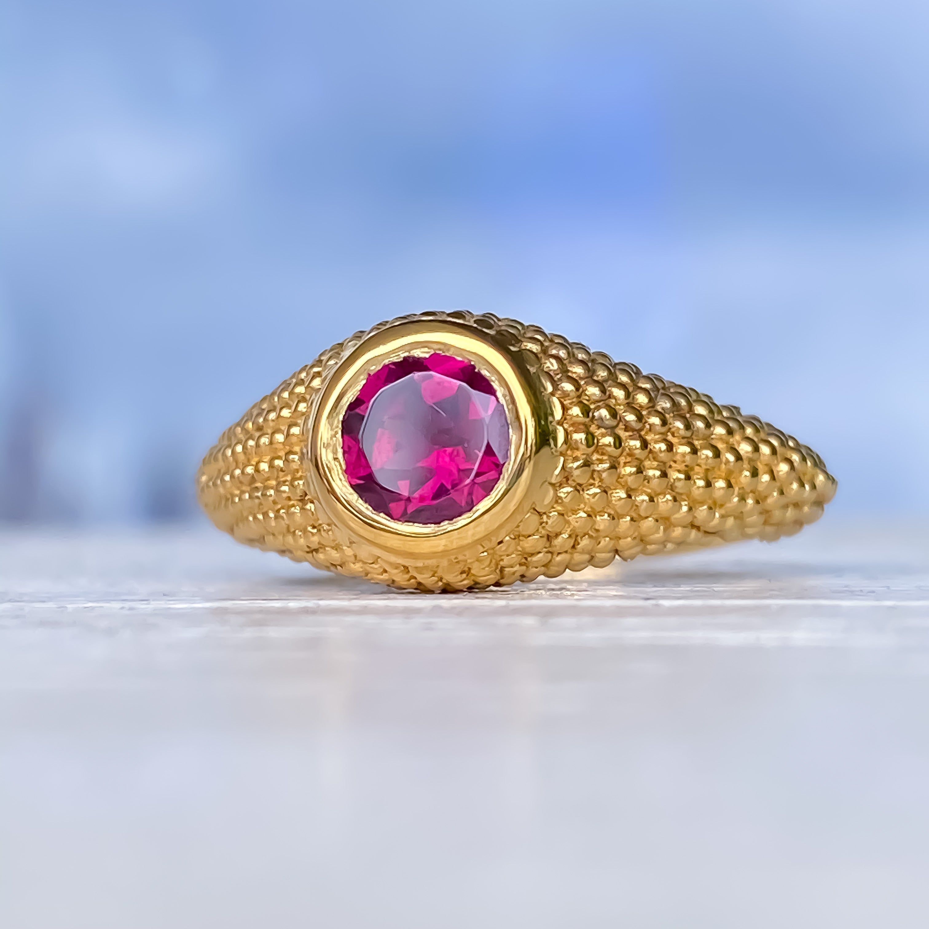 Nubia Round Rhodolite Yellow Gold Ring Size 7.25US