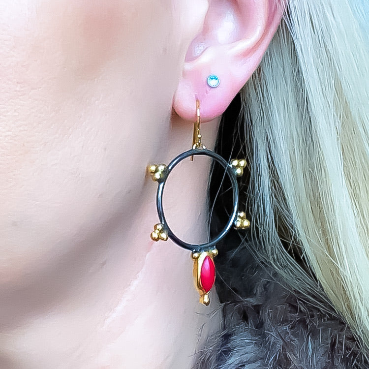 Red Coral Black & Gold Hoop Earrings Sterling Silver