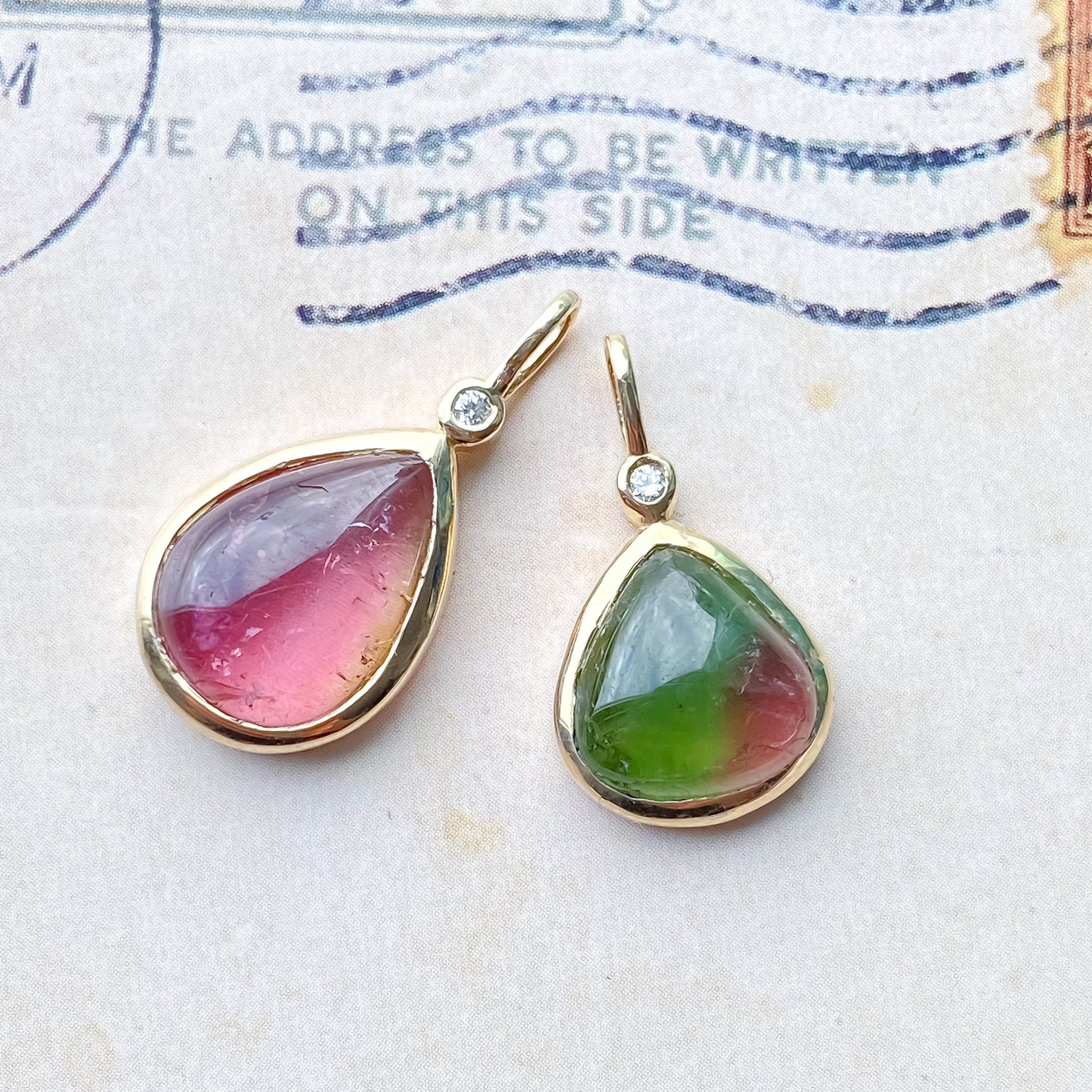 Watermelon Tourmaline & Diamond Pendant 14k Yellow Gold Pendant Only