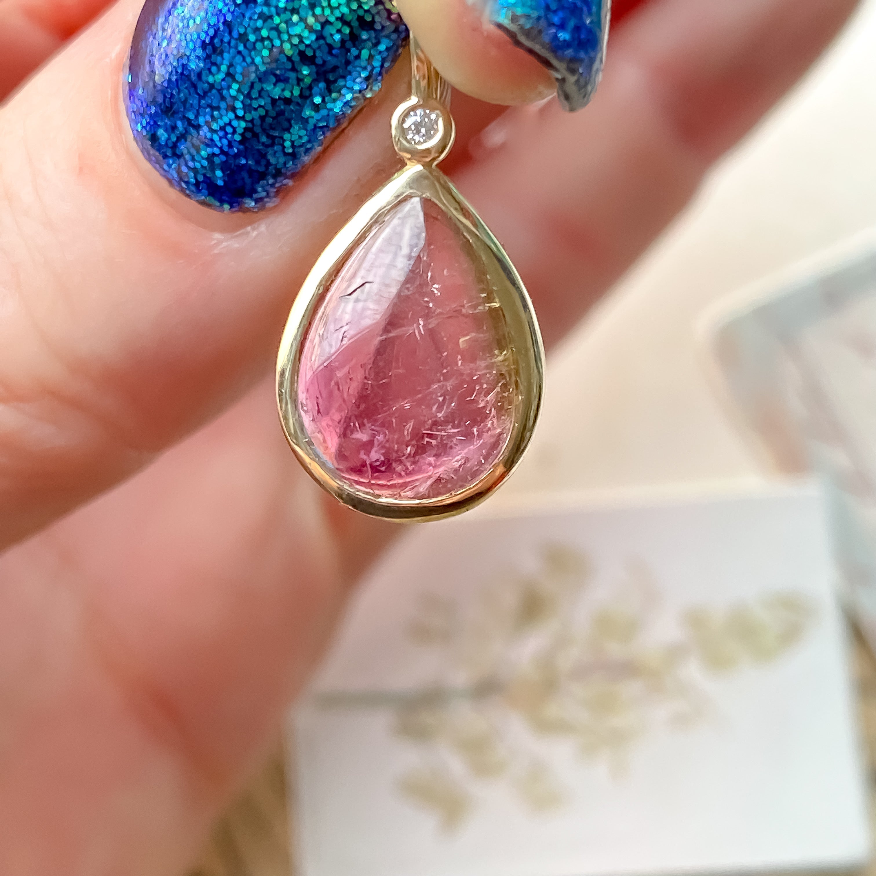 Watermelon Tourmaline & Diamond Pendant 14k Yellow Gold Pendant Only