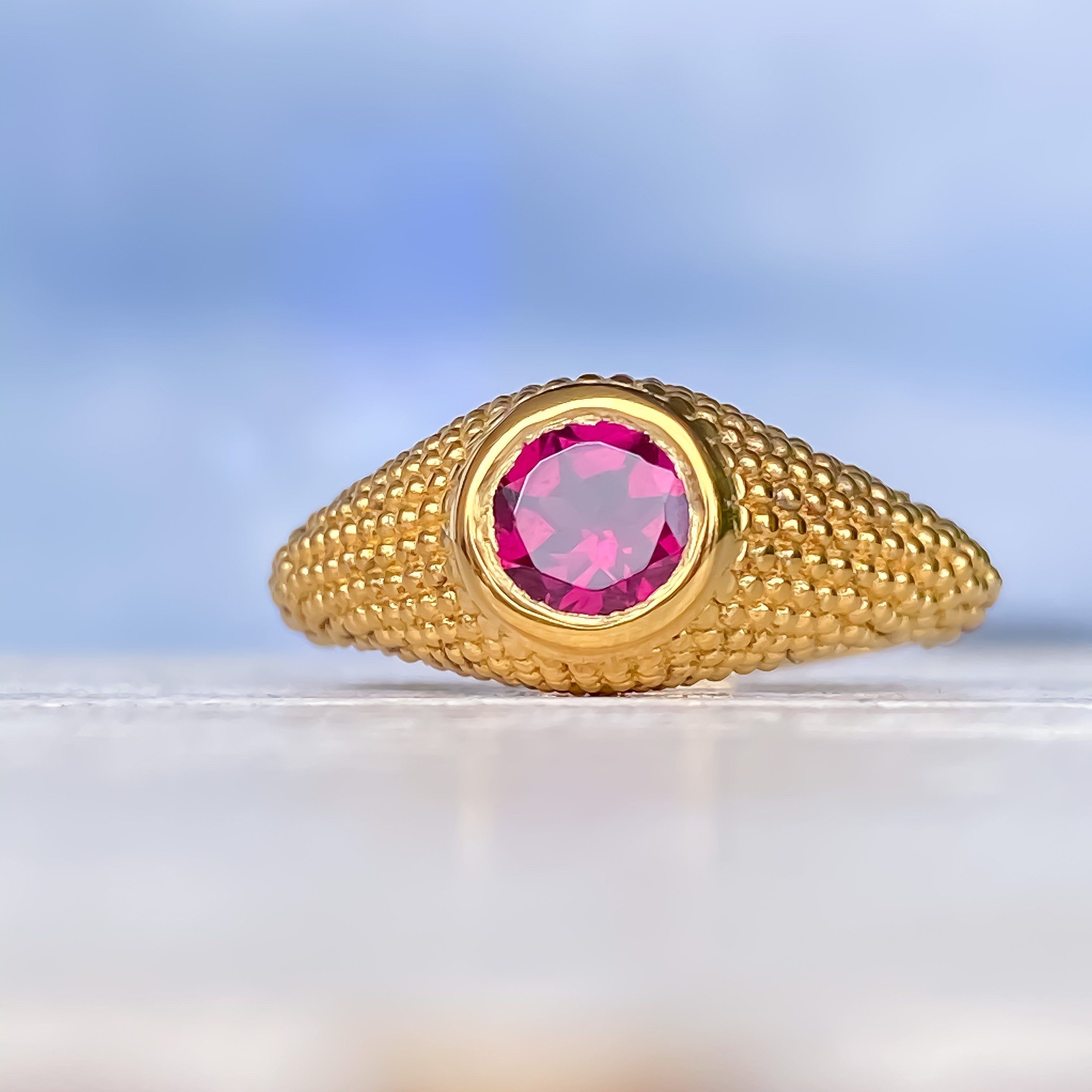Nubia Round Rhodolite Yellow Gold Ring Size 7.25US