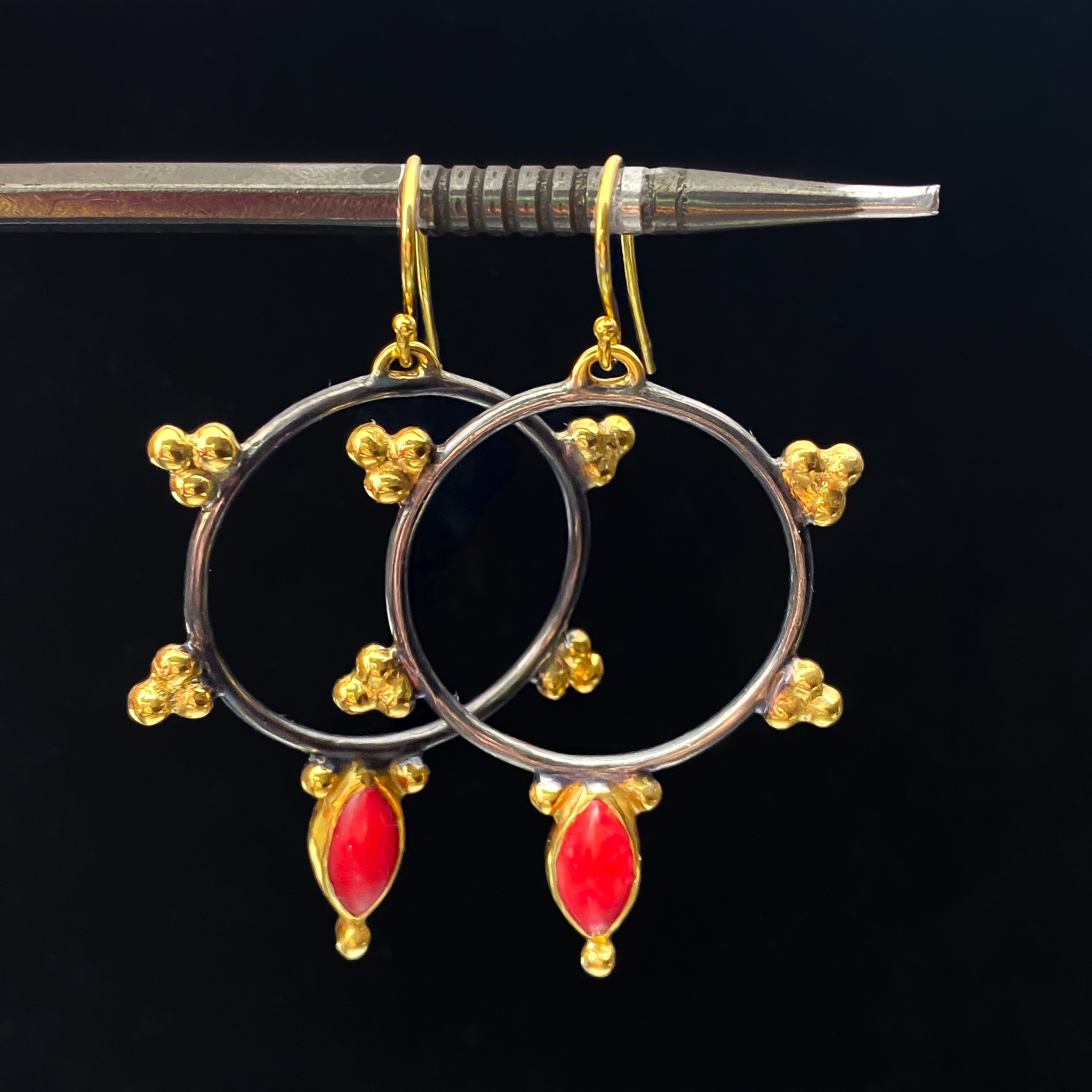 Red Coral Black & Gold Hoop Earrings Sterling Silver